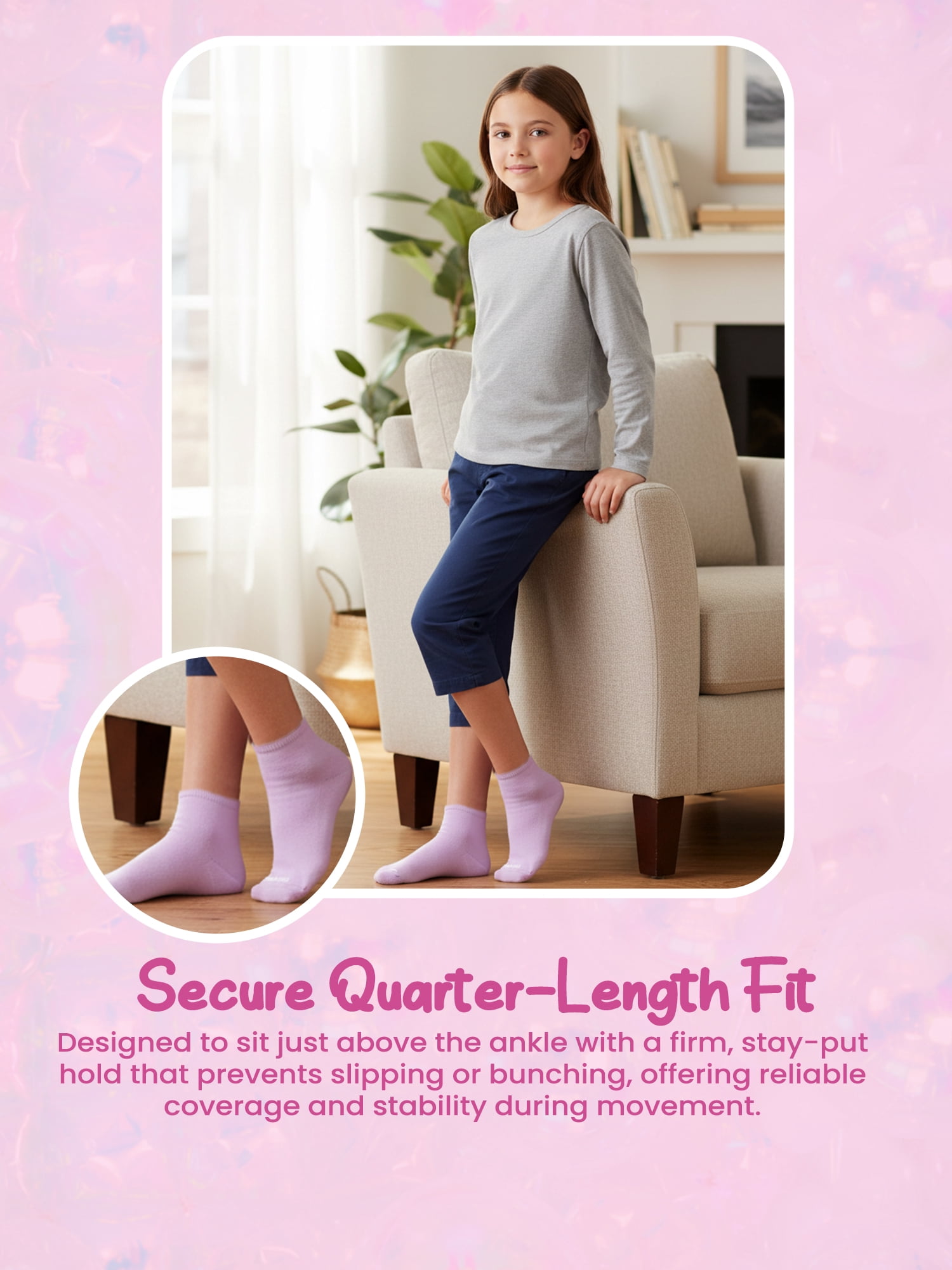 Justice Cushion Embroidered Quarter Socks for Girls for Daily Wear, 10 pack Pink Multi Color