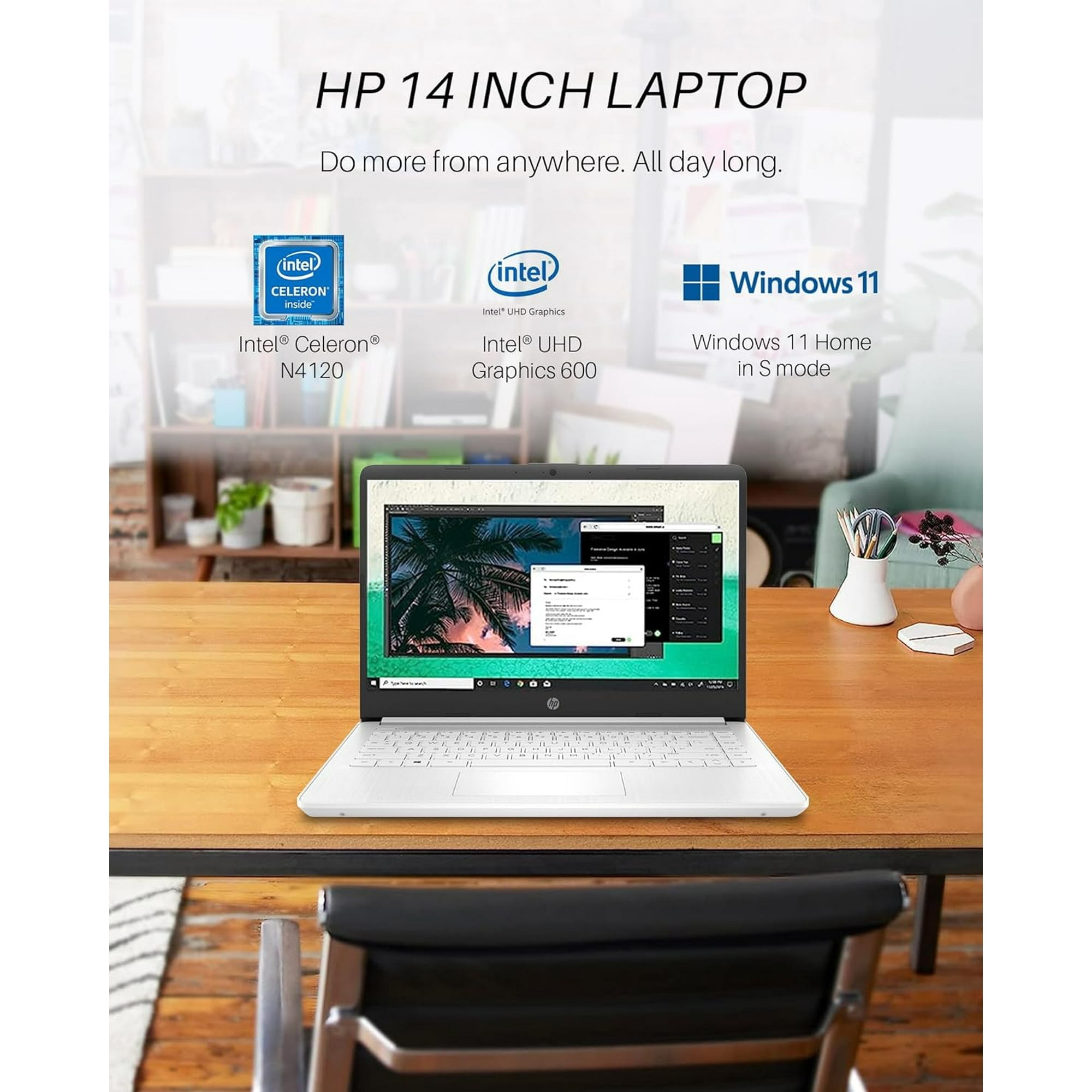 HP Laptop, 14" HD Laptop for Students and Business, Intel Celeron Quad-Core N4120, 8GB RAM, 64GB eMMC,Micro SD, Wi-Fi, Bluetooth, Webcam, Windows 11 Home in S Mode,Snowflake White