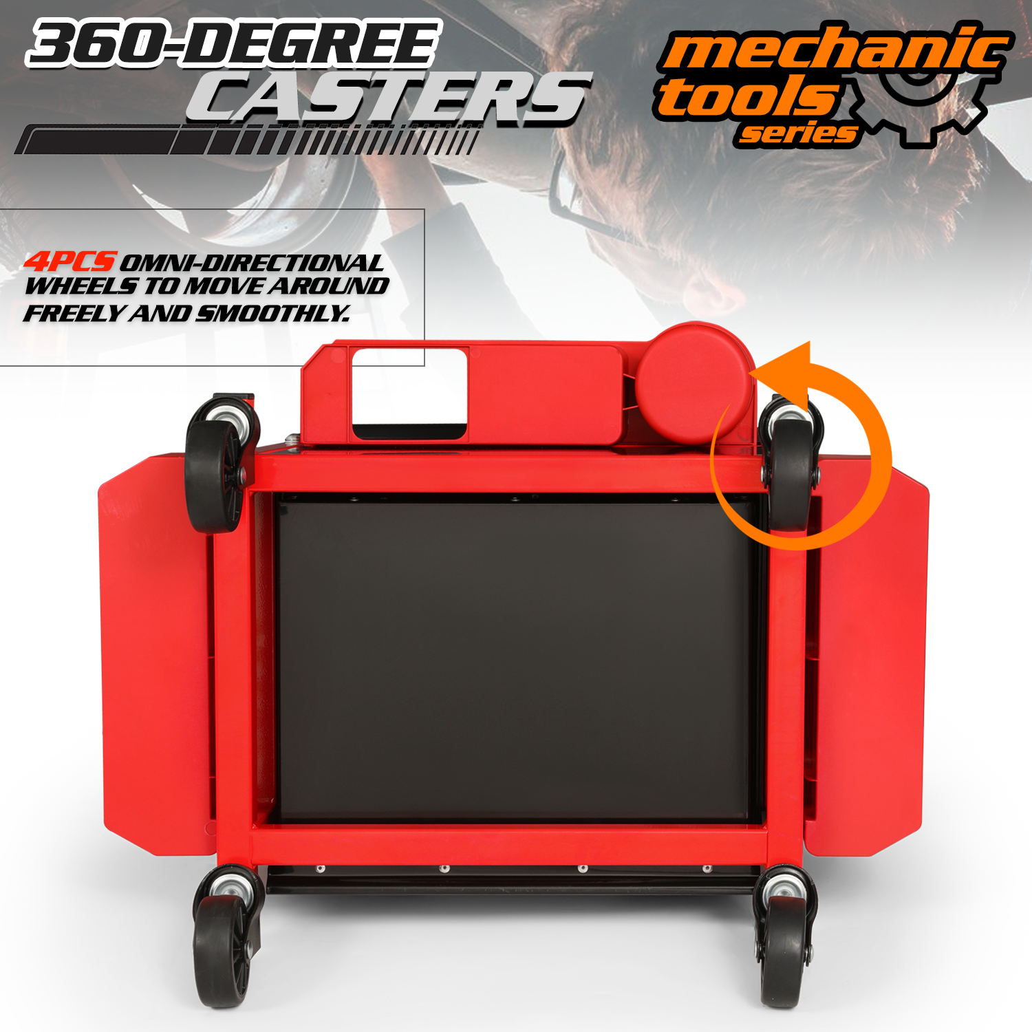 M-AUTO Adjustable Rectangular Roller Tool Box Padded Chair with Storage Tool Tray & Cabinet, 350 lbs Capacity with Casters - Red