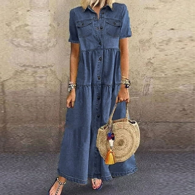 EIMELI Robe Chemise Longue Maxi Grande Taille pour Femmes, Robe Tunique en Denim à Boutons, Robe Chemise Kaftan, Robe Ample Évasée, Bleu Foncé 3TG