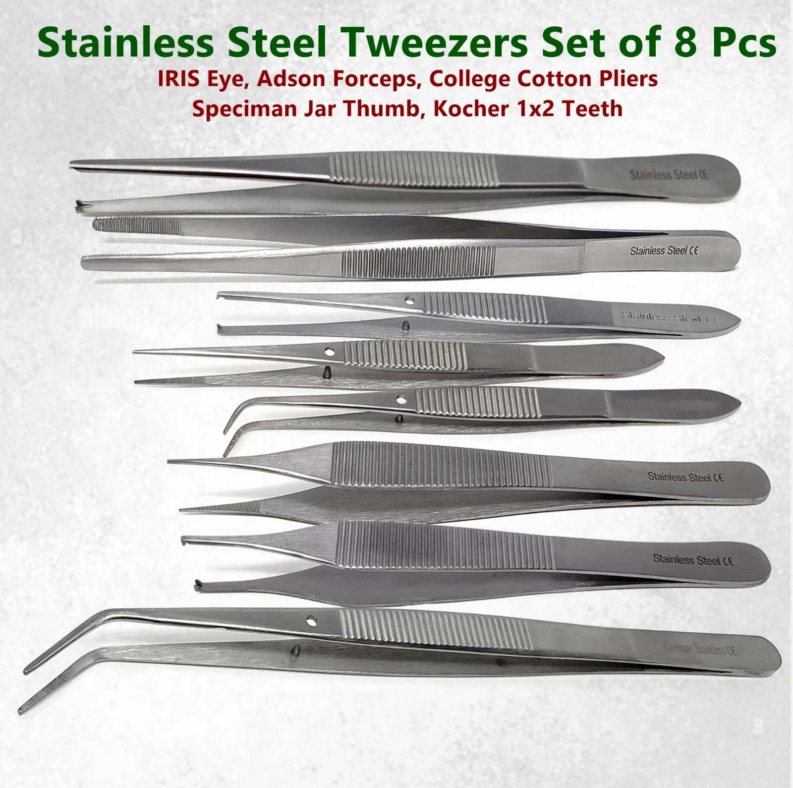 Precision Stainless Steel 8 Pcs Lab Tweezers Lab Multipurpose Assorted Tweezers - Straight & Curved Tips For Science Students