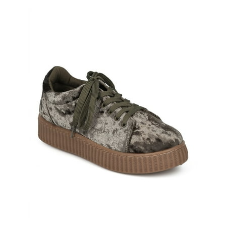 

New Women Qupid Rematch-03A Crushed Velvet Lace Up Flatform Creeper Sneaker