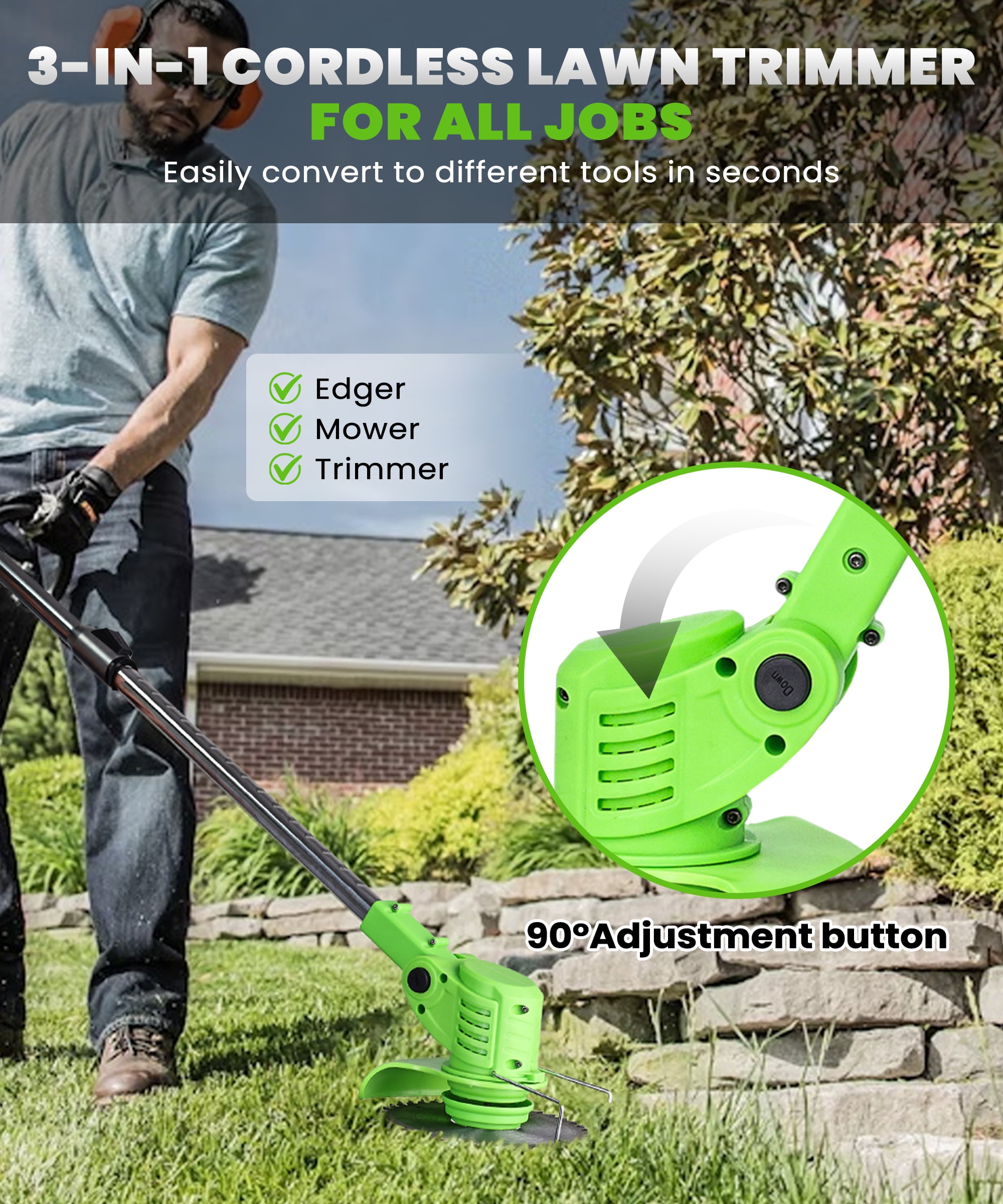 YAHHU 21V Cordless 3-in-1 String Trimmer, Trimmer, Edger & Mower with Multi-Blade System for Effortless Lawn & Garden Care