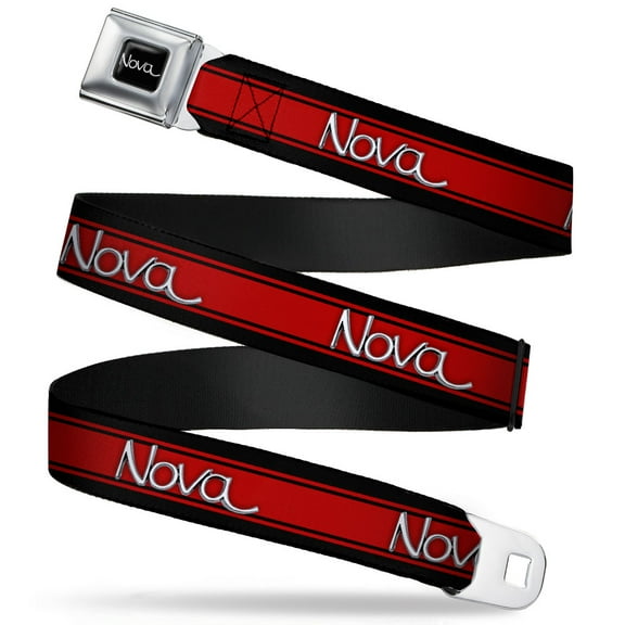 GM General Motors Belt, Seatbelt Buckle Belt, 1968 72 Nova Script Emblem Stripe Black Red Silver, Youth 22 to 32 Inches