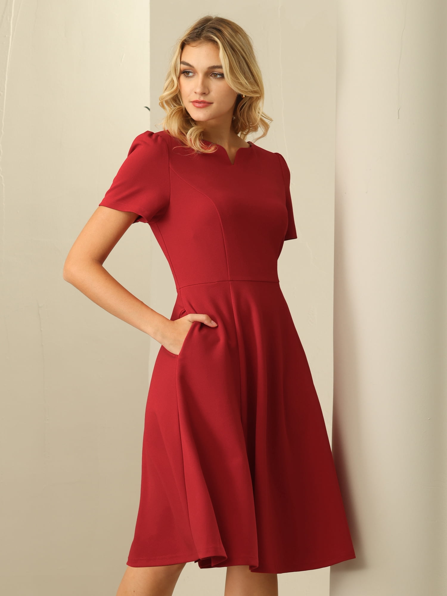 DARING DIVA A-Line Work Church Pockets Dress L Red