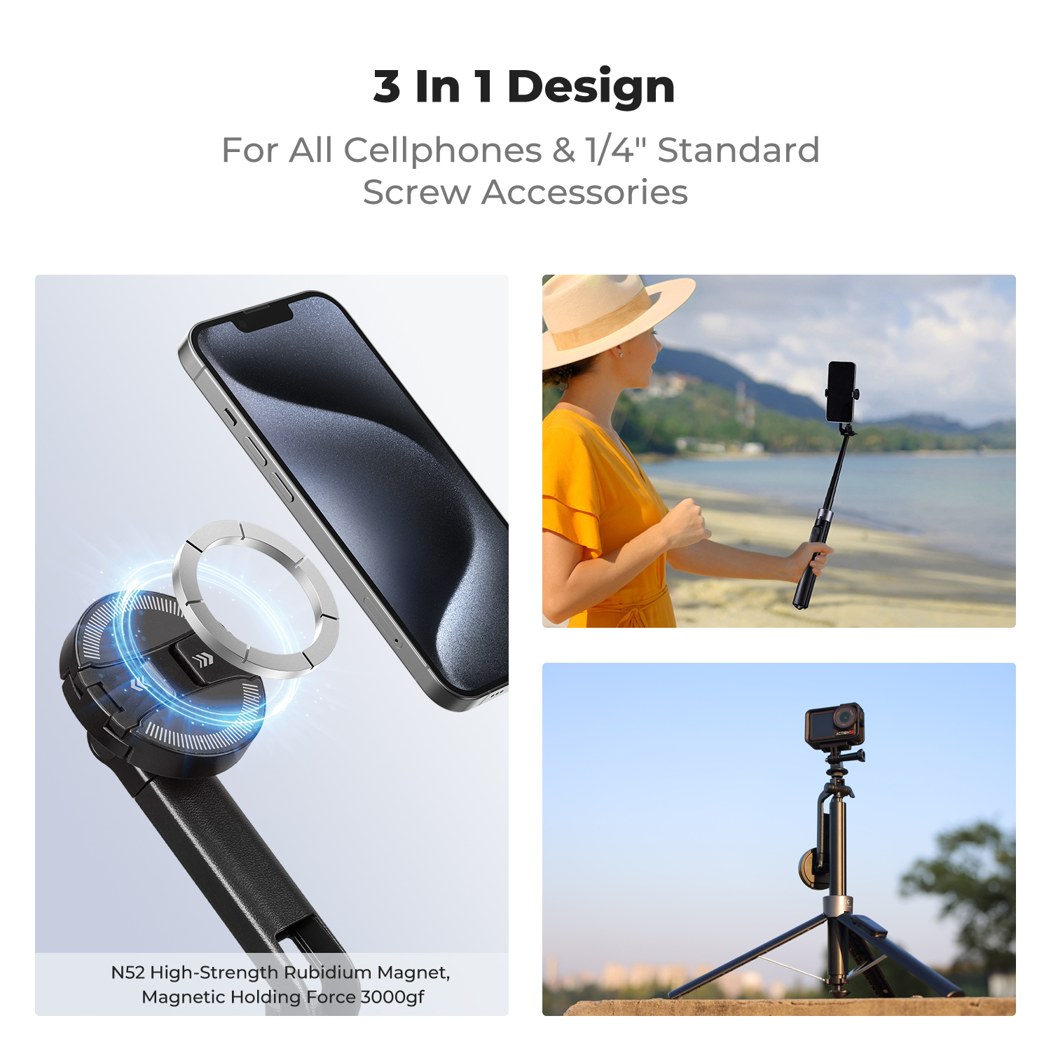 K&F CONCEPT 72" Tripod for iPhone, 3-in-1 Magnetic & Clip Selfie Stick with Remote, 360° Rotatable Magnetic Phone Tripod, Compatible with iPhone 17-12 Series Android Phones