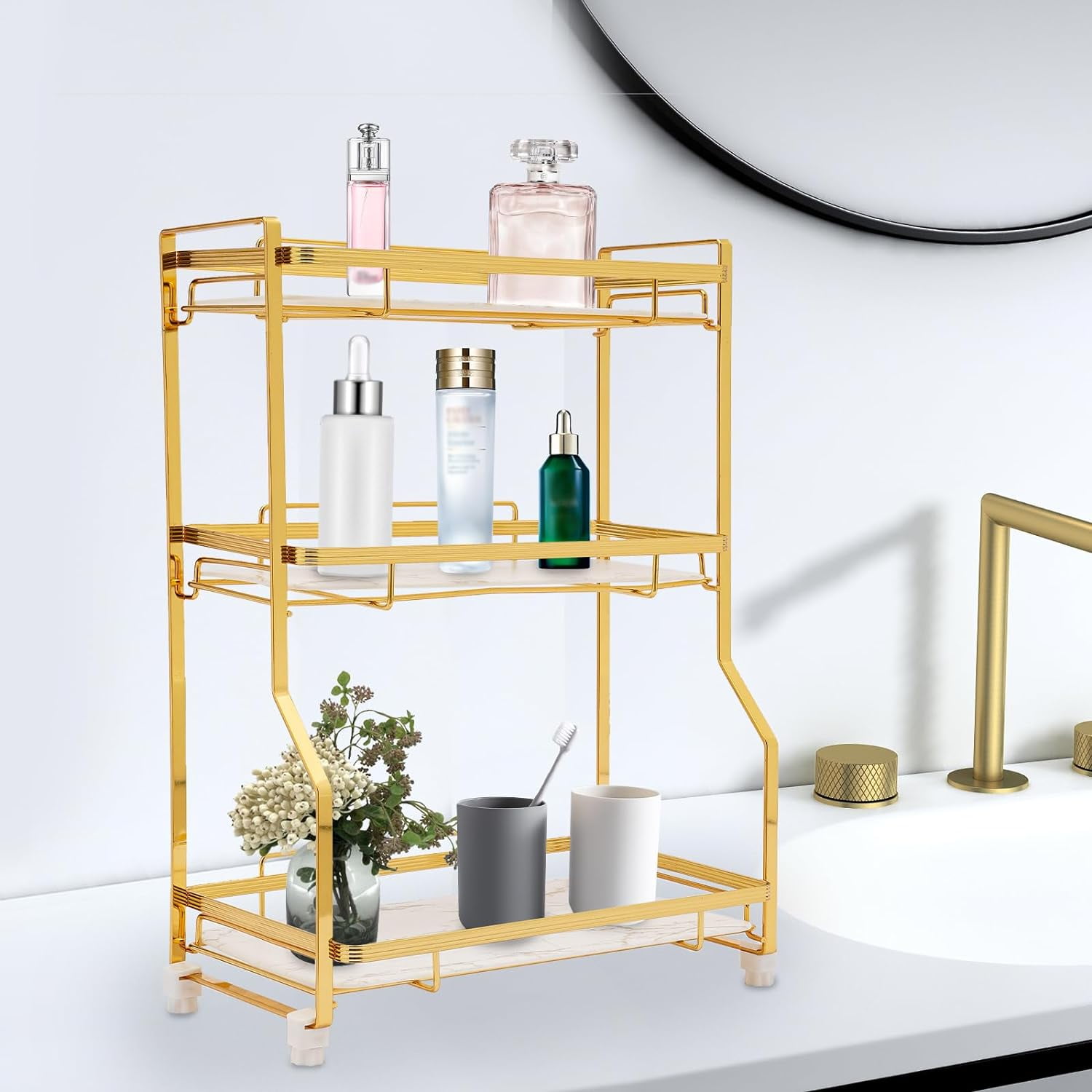 3 Tier Bathroom Counter Organizer - Dresser Countertop Storage, Cosmetics Skincare Shelf Organizer, White Gold Makeup Cosmetic Storage Corner Storage Organizers for Bathroom Kitchen