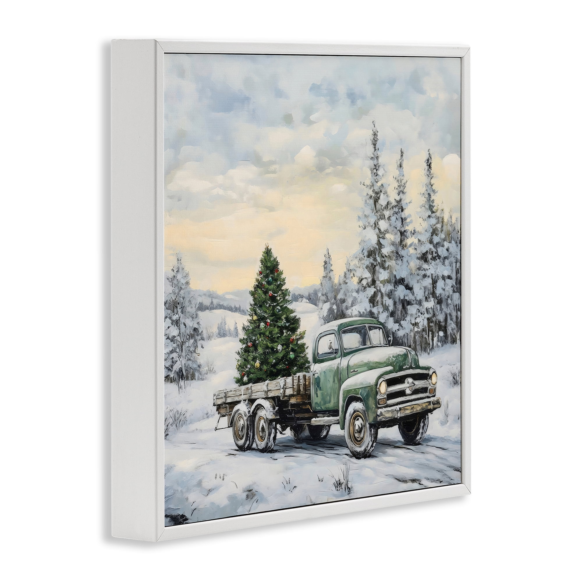 Green Christmas Tree Truck White Framed Giclee Art, design by Petal Prints Design