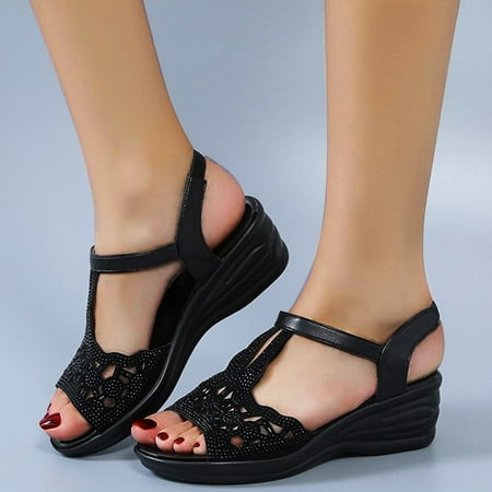 

FZM Women shoes Spring Summer Women s Middle Heel Roman Wedge Rhinestone Sandals Hollow Out Fish Mouth Elastic