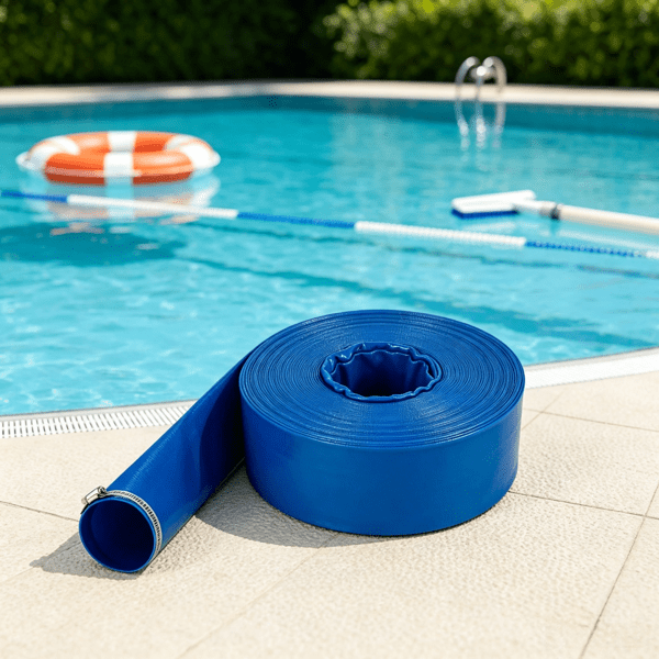 PVC Lay Flat Discharge Hose 2" x 105', Weather & Burst Resistant, Blue, for Pool & Water Transfer