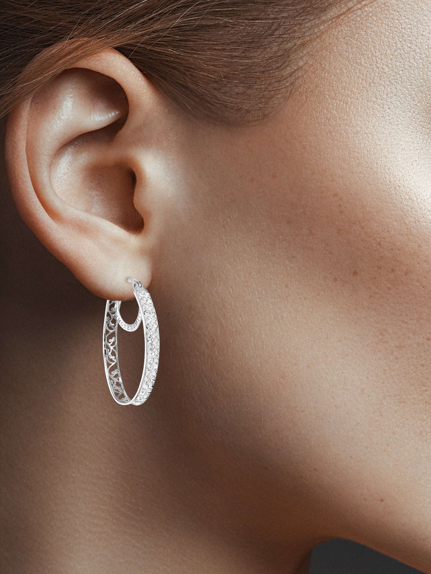 Simone I. Smith Sterling Silver Platinum Tone Pave Crystal Oval Hoop Earrings