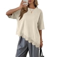 thumbnail image 2 of Asymmetrical Tunic Blouse for Women Summer Oversized Lace Trim T Shirts 2026 Casual Half Sleeve Hem Tops Loose Crewneck Beige L, 2 of 7