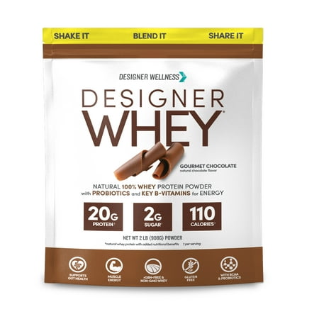 Designer Wellness, Designer Whey, Natural 100% Whey Protein Powder with Probiotics, Fiber, & Key B-Vitamins for Energy, Gluten-Free, Gourmet Chocolate 2 lb