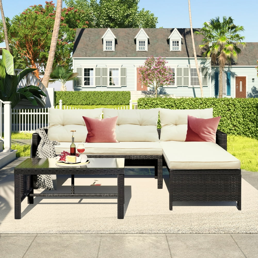 Clearance! Patio Dining Set, 3 Piece Outdoor Rattan Sectional Sofa Set