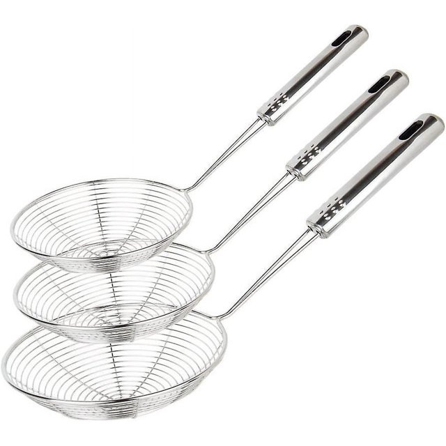 Skimmer de colador de araña, juego de 3 cucharas de colador asiático, cuchara de alambre de acero inoxidable con mango para freír alimentos, pasta, espaguetis, fideos
