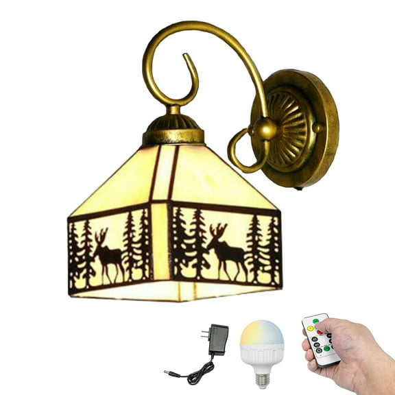 Kiven Battery Operated Wall Sconces, Tiffany Style Wall Lights with Rechargeable LED bulb and Glass Shade,Dimmable Wall Lighting Fixtures for Painting Bedroom Hallway（1 Light）