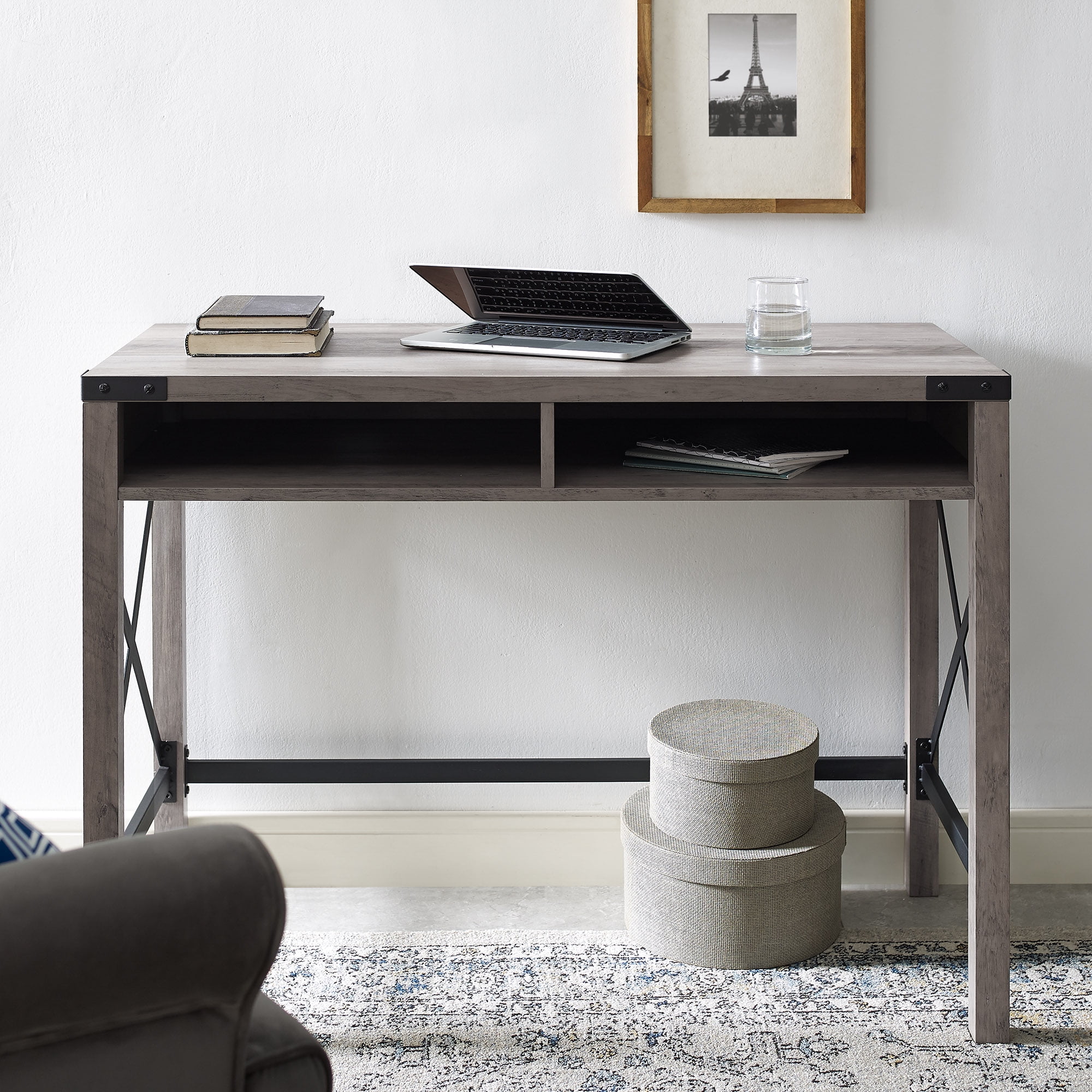 Manor Park Rustic Farmhouse Metal & Wood Desk Grey Wash