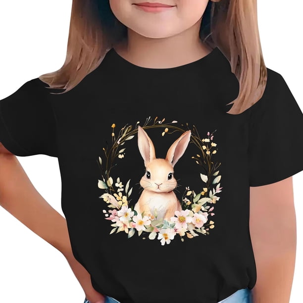 Manga Corta Crop Top para Niños con Lindo Estampado de Pascua, Cuello Redondo Casual Graphic Tee para 3-14 Años, Tela Suave Transpirable