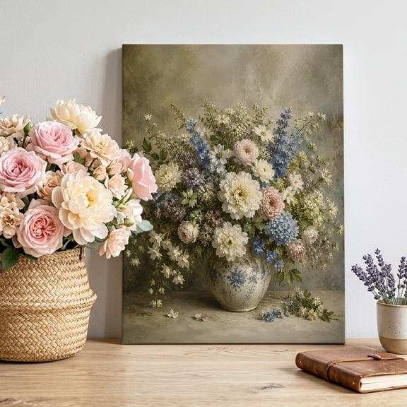 Canvas Wall Art, Rustic Flowers Framed Canvas Prints for Living Room Bedroom, Pastoral Hydrangea Daisy Floral Retro Plants Gallery Wrapped Wall Decor for Home Office, Gifts, 12"x16" Ship Next Day
