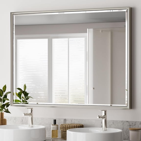 40" x 30" Brushed Nickel Bathroom Mirror, Beveled Framed Rectangle With Anti-Rust Frame, Shatterproof, Vertical/Horizontal Wall-Mounted