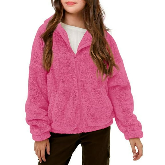 Girls Sherpa Fleece Jacket Full Zip Long Sleeve Stand Collar Outerwear Soft Fluffy Warm Casual Winter Coat for Kids
