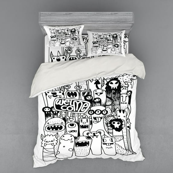 Ambesonne Indie Bedding Set 4 Pcs, Welcoming Monster, Queen, Black and White