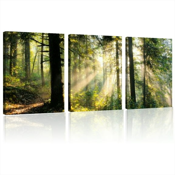 Nature Canvas Wall Art Green Forest Mountain Sunrise Print Tree Picture Wall Art Sunlight Landscape Photograph for Living Room Bedroom Dining Room Home Office Decorations 12x16x3pcs