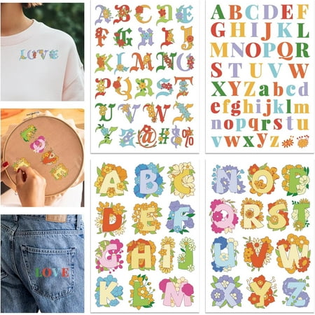 4 Sheets 11.7x8.3" Alphabet Flowers Colorful Water Soluble Embroidery Stabilizer Hand Sewing Stabilizers Self Adhesive Washable Embroidery Stabilizer for Beginners