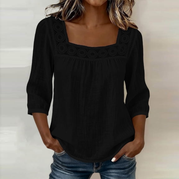 ClodeEU Women's Square Neck 3/4 Sleeve Blouse,Casual Lace Trim Top with Pleated for Summer Black,Women's Plus L