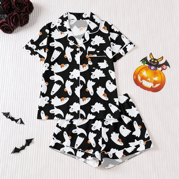 FASHOFT Girls Halloween Pajamas Set 2 Piece Ghost Pumpkin Print Button up Shirts and Shorts Pj Cute Silk Satin Sleepwear Loung Sets Black 3-4 Years