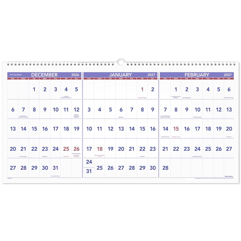 AT-A-GLANCE 2026 Three Month Reference Horizontal Wall Calendar