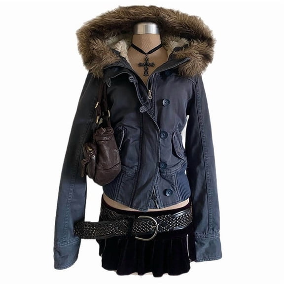 Women’s Vintage Short Denim Jacket with Removable Faux Fur Collar, Warm Fleece-Lined Jean Coat, Fashion Cropped Casual Outerwear for Fall and Winter