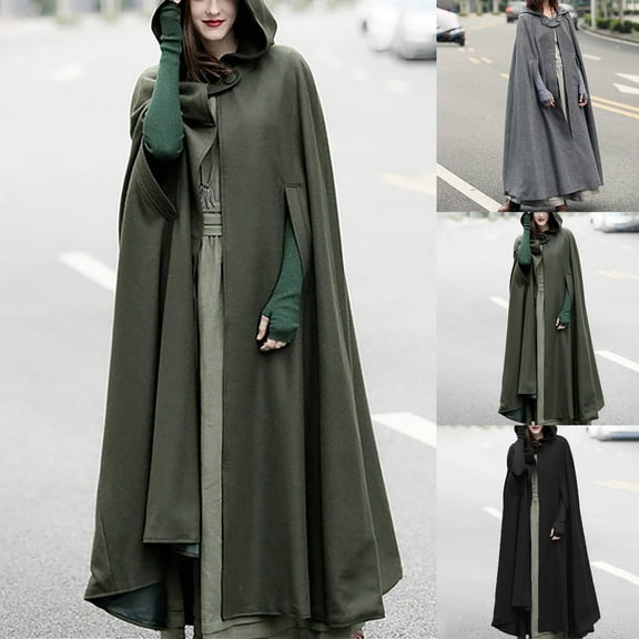 Winter Warm Coats for Women, Ladies Autumn Solid Hooded Button Cloak Split fork Woolen Coat Jackets Army Green L