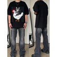 thumbnail image 2 of Fun Cat and Chicken Riding Short-sleeved T-shirt, Gray Cat Calmly Sitting Chicken Back, White Hen Slightly Impatient, Solid Color Background Highlights The Pattern, No Text More Add Simple Fashion, 2 of 6