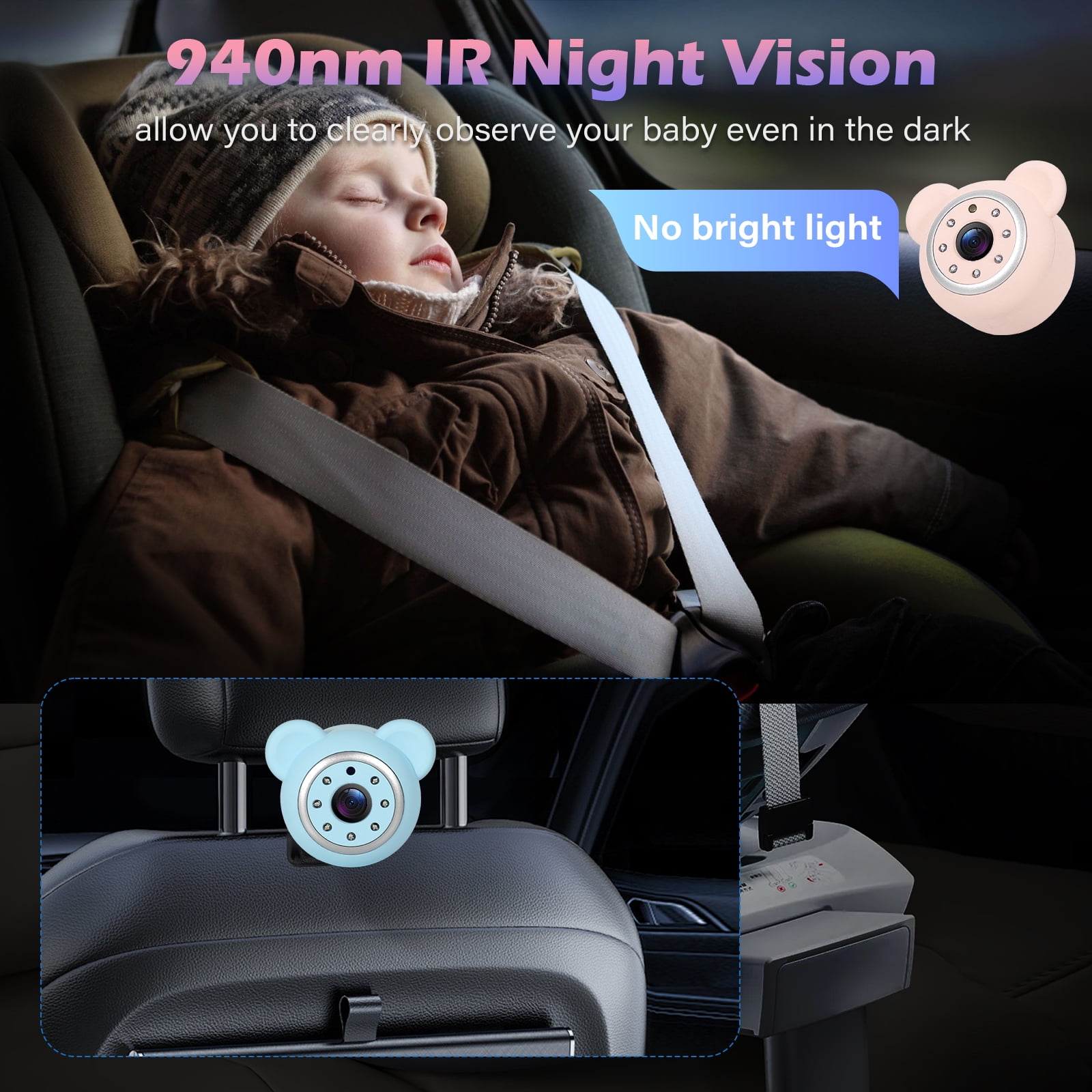 Baby Car Camera for 2 Kids - 6.9-Inch Monitor Easy Setup 360° Rotatable Double HD 1080P Clear Night Vision Car Seat Camera Rear Facing for Twins or Siblings, Safety & Convenience