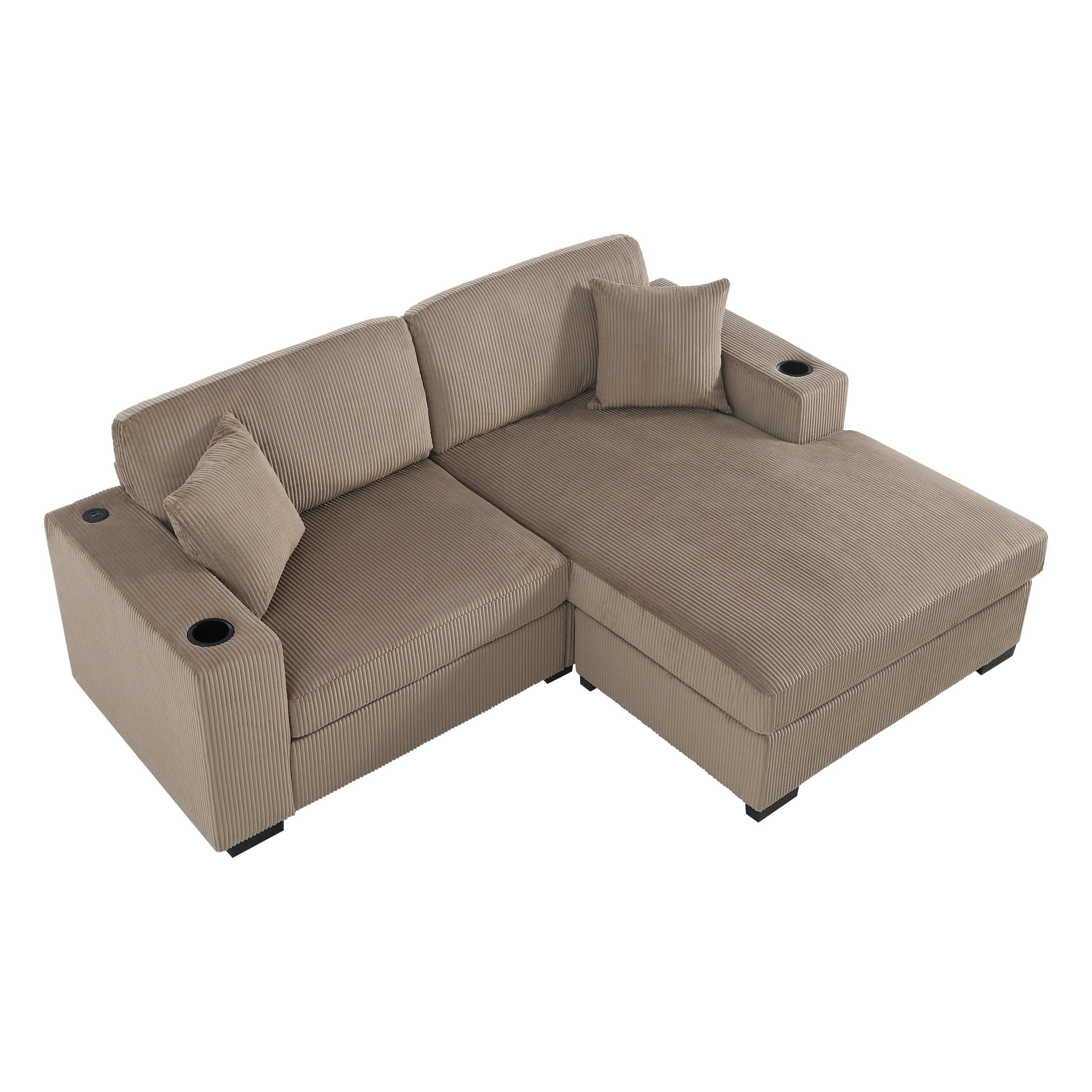 GARITIN L Shaped Sectional Sofa 86.5 Inch, Corduroy Upholstered Couch with Cup Holders and Charging Ports for Living Room, Khaki