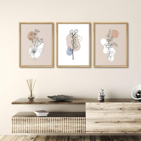 PixonSign Framed Wall Art Abstract Floral Sketches with Color Blocks Posters, Set of 3 Botanical Flowers Illustrations Wall Decor, Adhesive Canvas Prints for Home Decor - 8"x10" Natural