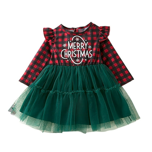 Sopiago Toddler Baby Girls Plaid Christmas Dresses Ruffle Long Sleeve Button Green Mesh Skirt Outfits Red (18-24 Months)