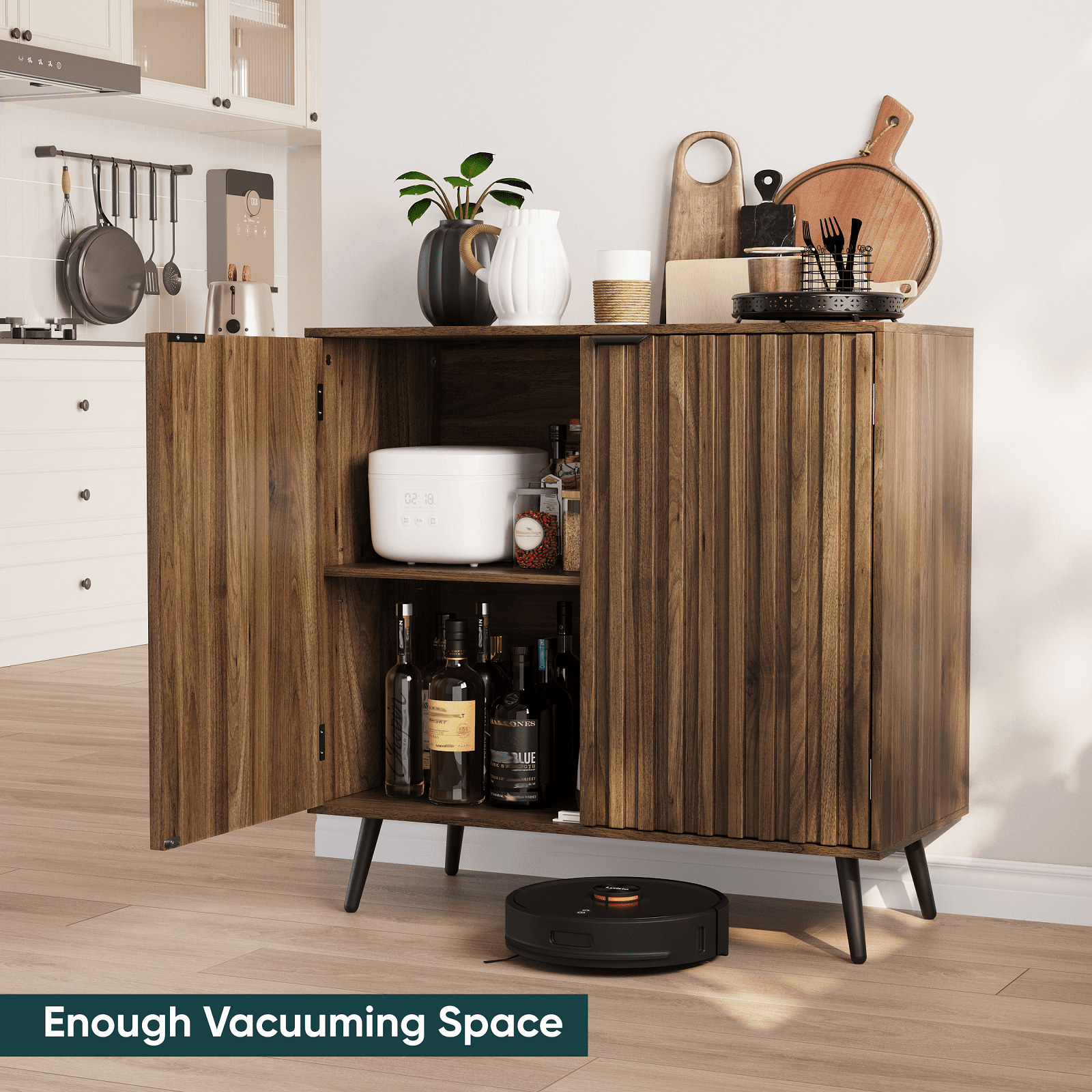 Algherohein Modern Sideboard and Buffets with 1 Storage Shelf,Entryway Fluted Cabinet with Doors,2 Pack