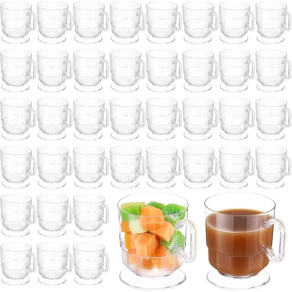 50 Pcs Hard Plastic Coffee Cup Tea Party Cup with Handle 8 oz Disposable Coffee Mug Bulk Reusable Espresso Mug for Tea Party School DIY Craft Birthday Dessert(Clear)