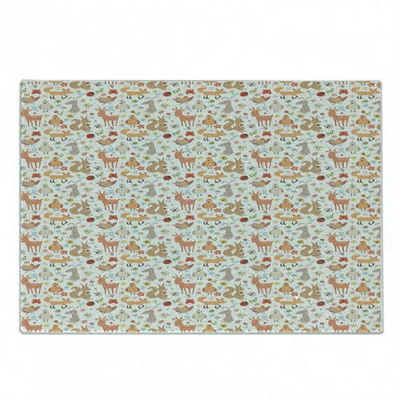 Nursery Cutting Board, Happy Cartoon Floral Forest Animals Deer Bunny Birds Insects and Squirrel, Decorative Tempered Glass Cutting and Serving Board, in 3 Sizes, by Ambesonne
