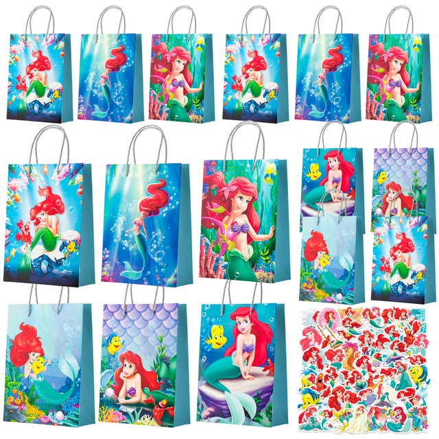 The Little Mermaid Birthday Decorations, 74Pcs Party Favour Bags Set Including 24Pcs Paper Bags with Handles & 50Pcs Sticker Pack for Birthday Supplies
