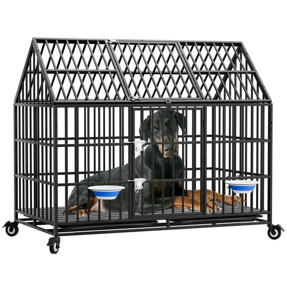 Ufyerutg 54'' Indestructible Heavy Duty Dog Crate, Escape Proof Strong Steel Impact Pet Cage for Large Giant Dogs, High Anxiety Sound Proof Chewproof Kennel Double Door with Trays and Wheels, XXL