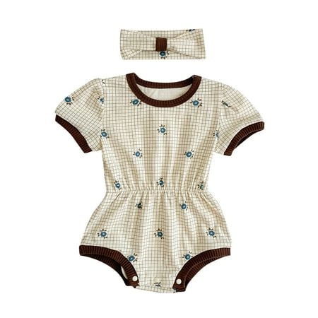 

ZHUASHUM Baby Boys Girls Short Sleeve Plaid Floral Patchwork Romper With Headbands Outfit Set Clothes 2PCS