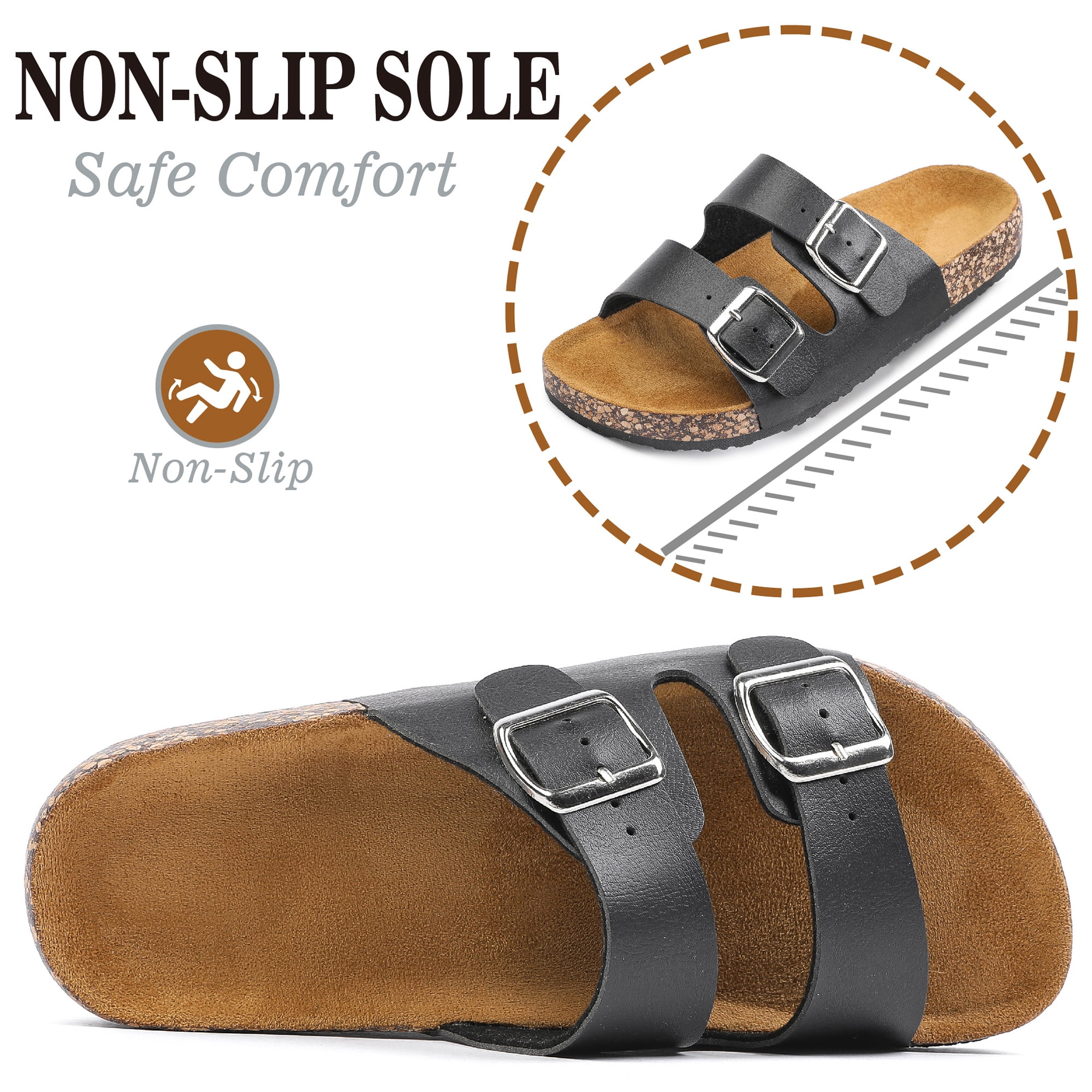 Northblanc Women's Comfort Flat Sandals Summer Cork Footbed Slides with Double Adjustable Buckle