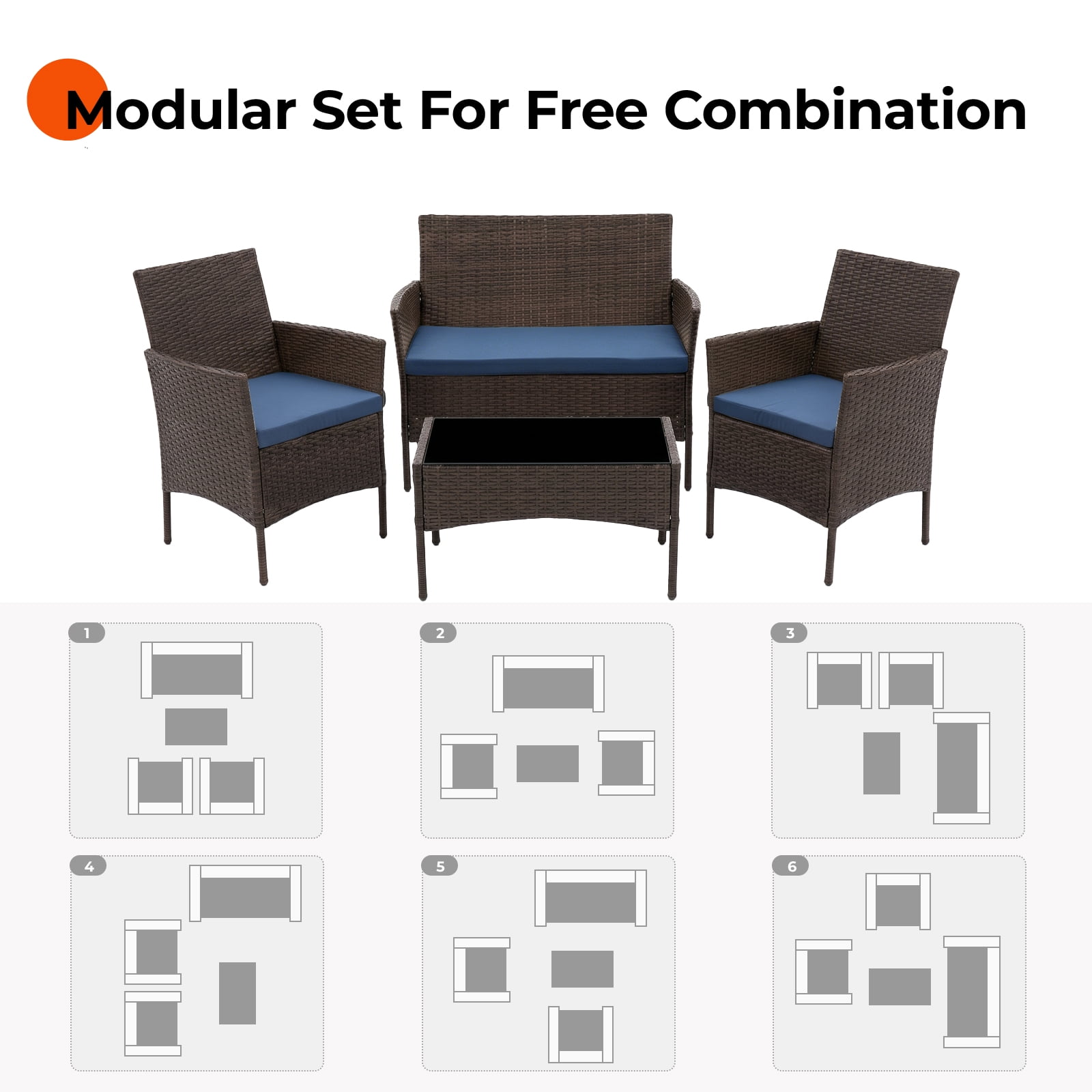 Gasee 4-Piece Patio Furniture Set Outdoor Conversation Rattan Chairs with Cushion and Loveseat Glass Table for Garden Backyard Porch, Brown/Navy
