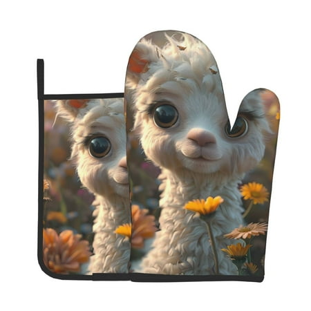 

Jgfou Adorable Llama In Flowers Pattern Oven Mitts and Pot Holders Sets Heat Resistant Oven Mittens Soft Lining Extra Thicken Long Kitchen Cotton Oven Glove for Cooking