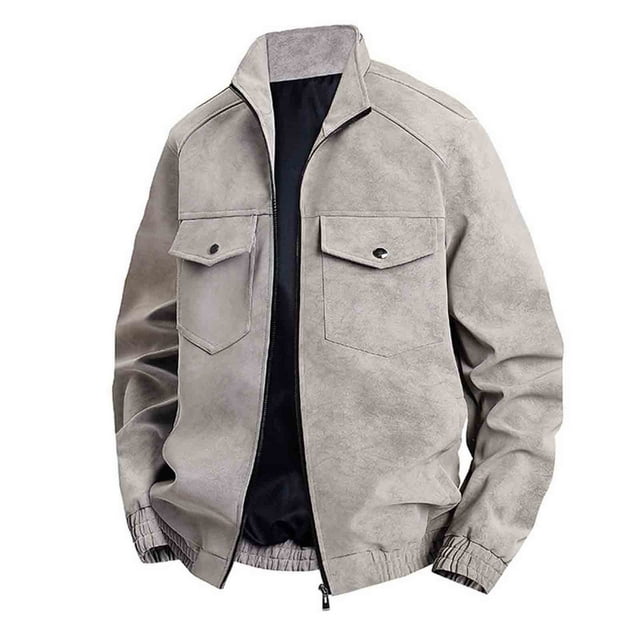 Leather Jacket Men, Men's Solid Color Fashionable Stand-Up Collar Leather-Like Jacket with Zipper, Buttons, Pockets & Long-Sleeve Hoodless, Faux Leather Jacket