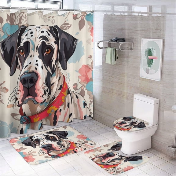 Shower Curtain Sets with Rugs 4 Piece Great Dane Dog Colorful with Non-Slip Rugs Toilet Lid Cover And Bath Mat Bathroom Decor Set Dog Lover Gifts Bathroom Shower Curtains Sets for Bathroom Decor