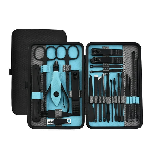 Kit de decoración de uñas Wmkox8yii pedicura acero inoxidable 25 en 1 estuche de viaje cuero negro